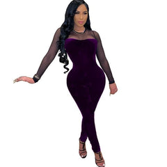 Sheer Mesh Patchwork Velvet Jumpsuit Long Sleeve Skinny Rompers Womens Jumpsuit Elegant Slim Bodycon Overalls