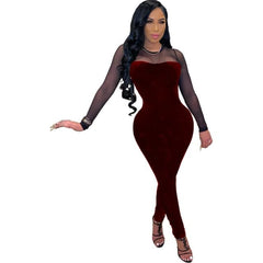 Sheer Mesh Patchwork Velvet Jumpsuit Long Sleeve Skinny Rompers Womens Jumpsuit Elegant Slim Bodycon Overalls