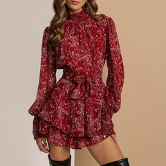 Spring Vintage Perspective Floral Print Dress Casual Long Sleeve Chiffon A Line Dress Summer Lady Mini Party