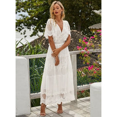 Hollow Out White Dress Long Lace Dress