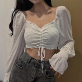 Tops And Bloues Long Sleeve Square Neck Shirt Drawstring Off Shoulder Blouse Crop Top