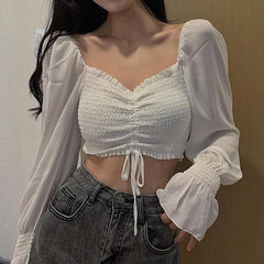 Tops And Bloues Long Sleeve Square Neck Shirt Drawstring Off Shoulder Blouse Crop Top