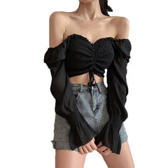 Tops And Bloues Long Sleeve Square Neck Shirt Drawstring Off Shoulder Blouse Crop Top