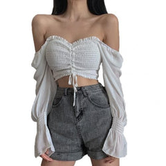 Tops And Bloues Long Sleeve Square Neck Shirt Drawstring Off Shoulder Blouse Crop Top