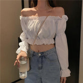 Slash Neck Blouse Fashionable Puff Sleeve Short Top Female Black White Slim Shirts Vintage Solid Tops