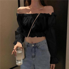 Slash Neck Blouse Fashionable Puff Sleeve Short Top Female Black White Slim Shirts Vintage Solid Tops