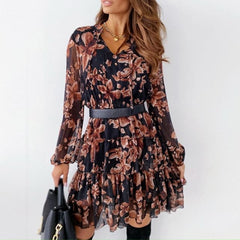 Ladies V Neck Floral Dress Spring Flower Print Long Sleeve Lace Up Ruffle Dress Chiffon Elegant A Line Party