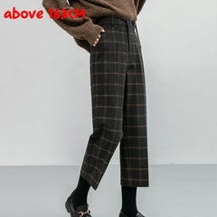 Woolen Plaid Autumn Winter Women's High Waist Formal Straight Pants Loose Ankle Length Pants Female Boots Pants Plus Size