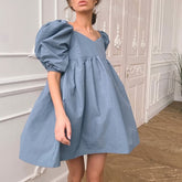 Mini Dress Elegant Square Collar Puff Short Sleeve High Waist A line Party Dress Casual Cute Solid Streetwear Summer