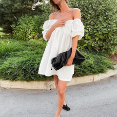 Mini Dress Elegant Square Collar Puff Short Sleeve High Waist A line Party Dress Casual Cute Solid Streetwear Summer