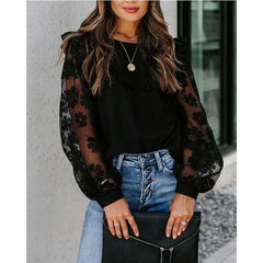 Woman Elegant Mesh Patchwork Blouse Long Sleeve Blouse Lace Transparent Flower Lantern Sleeve Pullover Streetwear Shirts