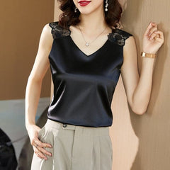 Silk Tops Woman Satin Blouses Shirts Silk Lace Blouse Elastic Shirts Woman Satin V neck Shirt Top Plus Size 5XL