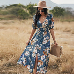 Beach Boho Print Maxi Split Dress