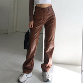High Waisted PU Leather Pants Jogger Casual Fashion Side Pockets Straight Wide Leg Pants Loose Vintage Brown Trousers