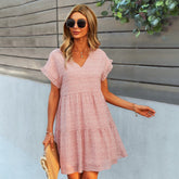 Ladies Vintage Print Short Summer Dress Casual V Neck Ruffles Beach Mini Chiffon Dress Sundress Female
