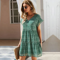 Ladies Vintage Print Short Summer Dress Casual V Neck Ruffles Beach Mini Chiffon Dress Sundress Female