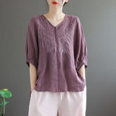 Summer Short sleeve Embroidery Blouse Plus size Cotton Linen Shirt V Neck Loose Vintage Clothes Ladies Tops Casual