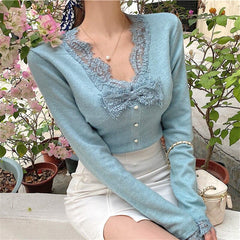 Vintage Knitted Shirts Ladies Casual V Neck Lace Slim Blouse and Tops Spring Korean Style Shirt Female Elegant