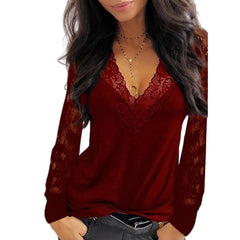 Female Tops Pullover Deep V Neck Lace Trim See Through Long Sleeve Blouse Top Blouse Solid Vintage Blouse Shirts