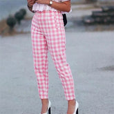 Office Lady Fashion Pink Plaid Suit Cotton Long Pants Summer Za High Waist Zipper Straight Chic Trousers