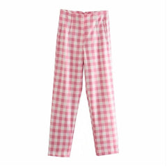 Office Lady Fashion Pink Plaid Suit Cotton Long Pants Summer Za High Waist Zipper Straight Chic Trousers