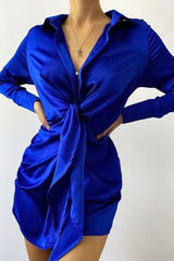 V neck Soft Silk Satin Dress Spring Long Sleeve Collect Waist tie knot Mini Short Dress Elegant Lady Office Dresses