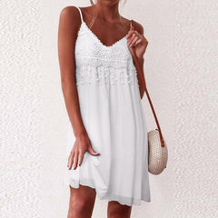 V Neck Strap Open White Lace Sleeveless Loose Elegant Mini Dress