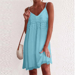 V Neck Strap Open White Lace Sleeveless Loose Elegant Mini Dress