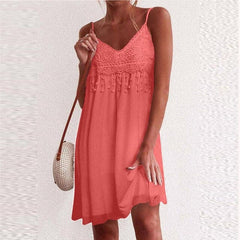 V Neck Strap Open White Lace Sleeveless Loose Elegant Mini Dress