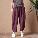 ShiMai Women's Cotton Linen Pants Elastic Waist Vintage Trousers Lady Loose Casual Pants S 2XL Retro Literary Cotton Trousers