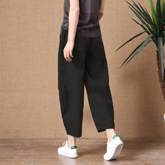 ShiMai Women's Cotton Linen Pants Elastic Waist Vintage Trousers Lady Loose Casual Pants S 2XL Retro Literary Cotton Trousers