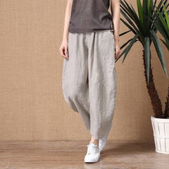 ShiMai Women's Cotton Linen Pants Elastic Waist Vintage Trousers Lady Loose Casual Pants S 2XL Retro Literary Cotton Trousers