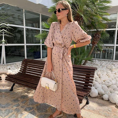 Elegant Polka Dot Wrap Puff Sleeve Dress