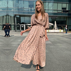 Elegant Polka Dot Wrap Puff Sleeve Dress