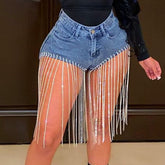 Fashion Tassel Jeans Decorative Chain Jeans Shorts Casual High Waist Club Denim Shorts