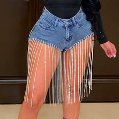 Fashion Tassel Jeans Decorative Chain Jeans Shorts Casual High Waist Club Denim Shorts