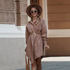 Corduroy Casual Turn down Collar Slim Mini Dress