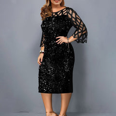 Fashion Large Size Round Neck Solid Color Mesh Stitching Long sleeved See through Sequin Dress