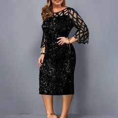 Fashion Large Size Round Neck Solid Color Mesh Stitching Long sleeved See through Sequin Dress