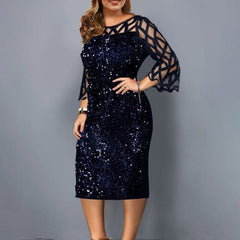 Fashion Large Size Round Neck Solid Color Mesh Stitching Long sleeved See through Sequin Dress