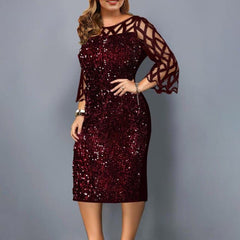 Fashion Large Size Round Neck Solid Color Mesh Stitching Long sleeved See through Sequin Dress