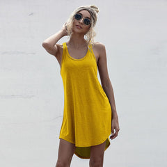 Plus Size Casual O neck Sleeveless Tank Dress Summer Loose Off Shoulder Asymmetrical Cotton Mini Dress Woman Streetwear