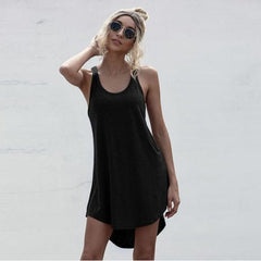 Plus Size Casual O neck Sleeveless Tank Dress Summer Loose Off Shoulder Asymmetrical Cotton Mini Dress Woman Streetwear