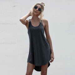 Plus Size Casual O neck Sleeveless Tank Dress Summer Loose Off Shoulder Asymmetrical Cotton Mini Dress Woman Streetwear