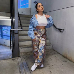 Tassel Patchwork Striped Print Jogger Pant Rave Festival Clothing Summer Casual High Waist Bodycon Active Sweat Pants