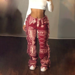 Tassel Patchwork Striped Print Jogger Pant Rave Festival Clothing Summer Casual High Waist Bodycon Active Sweat Pants