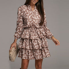 Cascading Ruffle Floral Dress Flowers Print Autumn V Neck Green Short Dress Elegant Long Sleeve Cake Party Dresses