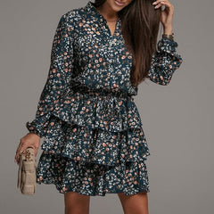 Cascading Ruffle Floral Dress Flowers Print Autumn V Neck Green Short Dress Elegant Long Sleeve Cake Party Dresses