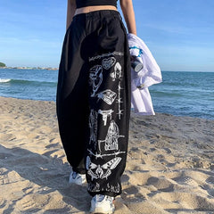 Gothic Punk Oversize Wide Leg Pants Streetwear Grunge Graffiti Print Baggy Black Trousers