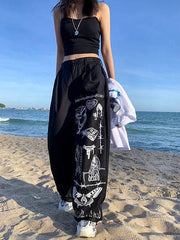 Gothic Punk Oversize Wide Leg Pants Streetwear Grunge Graffiti Print Baggy Black Trousers